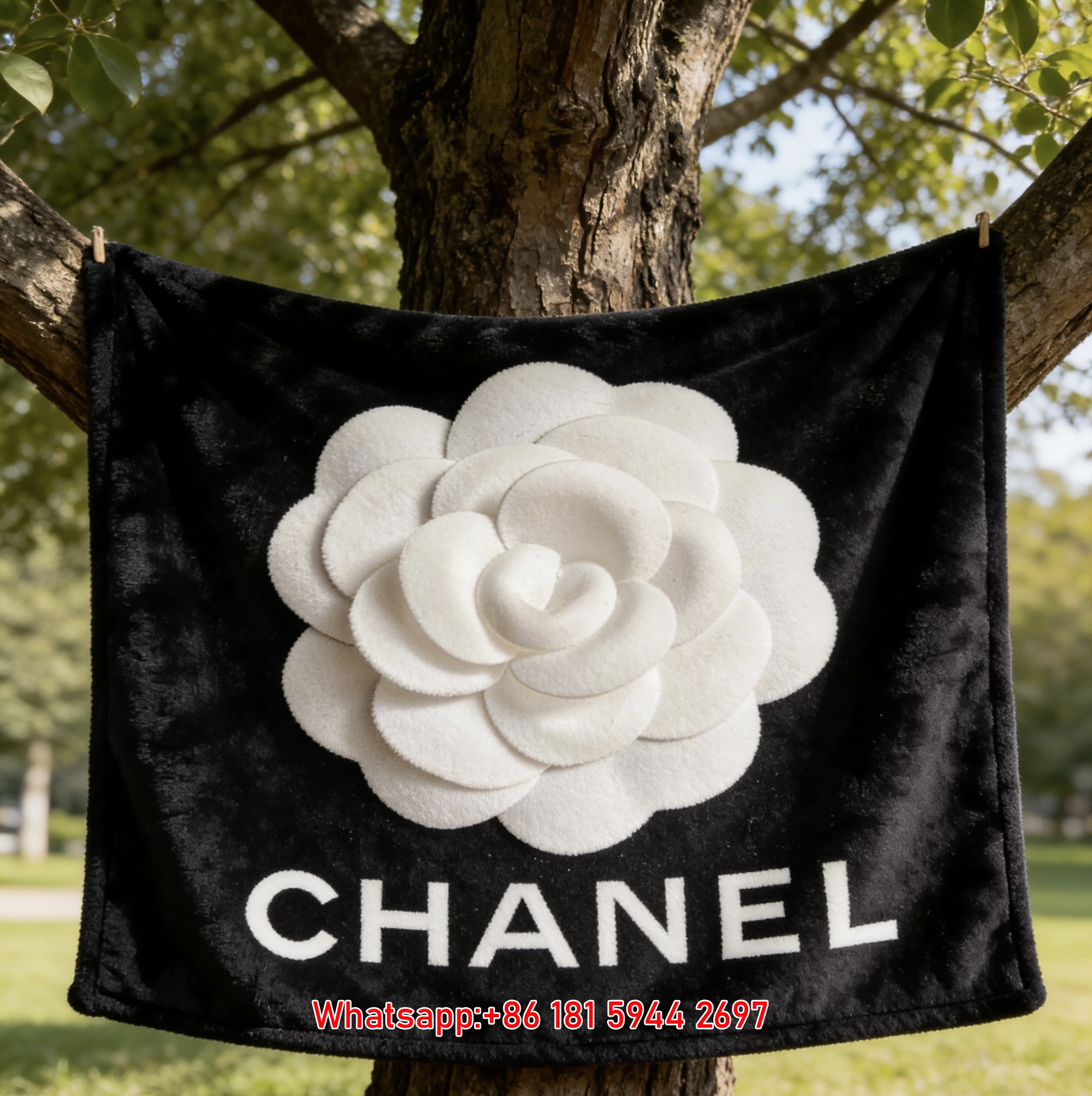 Chanel White Camellia Flannel Sofa Throw Blanket IMG_6734